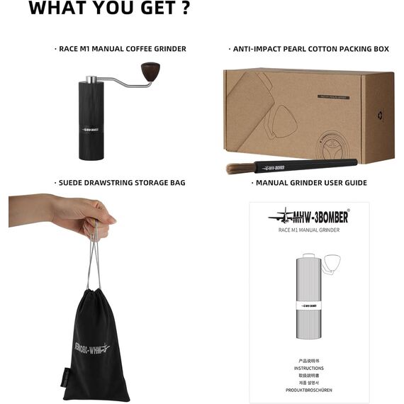 MHW-3BOMBER Race M1 Titanium Кофемолка ручная черная ручка из ореха, фото , изображение 8